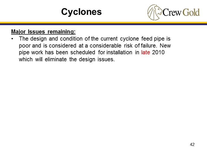 42 Major Issues remaining: The design and condition of the current cyclone feed pipe